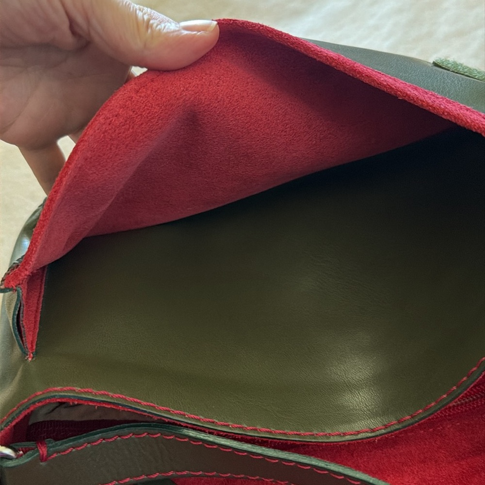 Francesco Biasia Army Green Deep Red Leather N Suede Shoulder Bag MINT condition - Picture 11 of 16